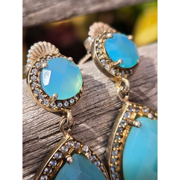 Vintage Pear Blue Chalcedony Fancy Cut, CZ in Sterling, Gold Plated Earrings - Picture 3 of 10